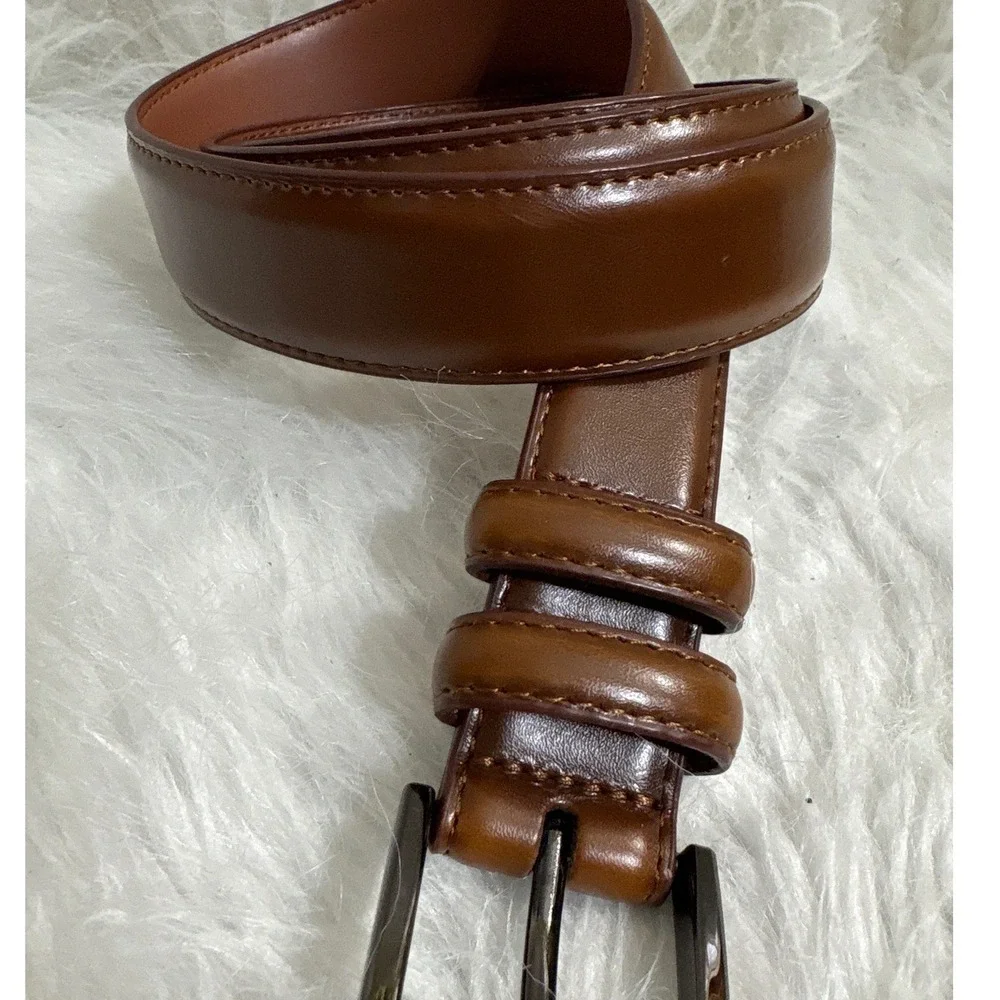 Mens Brown Leather Dress Belt 42 Gunmetal Buckle Tonal Stitching Classic